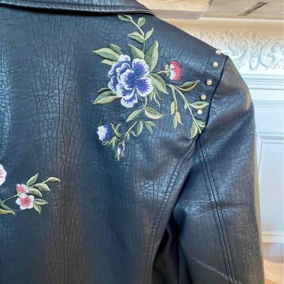 Boho Embroidered Vegan Leather Moto Jacket - Picture 6 of 7